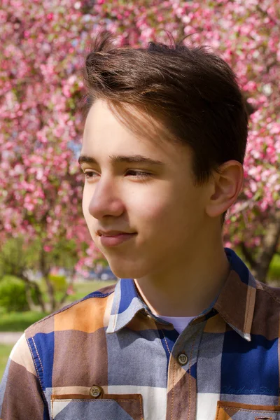 Outside portrait of teen boy. Handsome teenager in sakura park — Stock Photo, Image