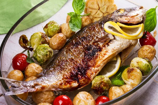 Broiled dorado fish with vegetables — Stock Photo, Image