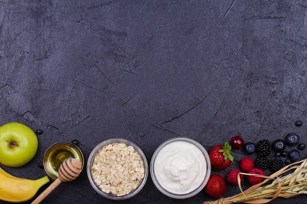 Joghurt, Haferflocken, frische Äpfel, Honig und Sommerbeeren — Stockfoto