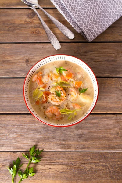 Shrimp chowder with crab meat. View from above, top view — Stock Image Shrimp Chowder Crab Meat View Top View Stock Picture