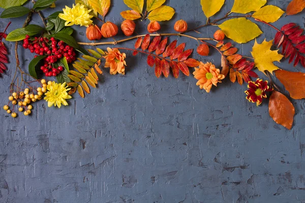 Осенние Листья Тыква Шишки Цветы Сером Фоне Копировальным Пространством Концепция — стоковое фото