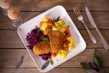 Kızarmış ördek göğsü fileto patates, havuç, kırmızı lahana ve bitkilerle. başlığın üzerinde yatay konum
