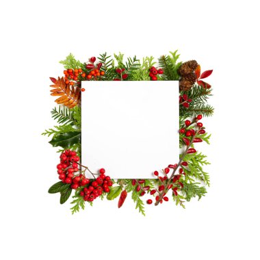 Noel kartı çerçevesi beyaz arka planda izole edilmiş. Şükran Günü Yeni Yıl Kış Sonbahar Konsepti