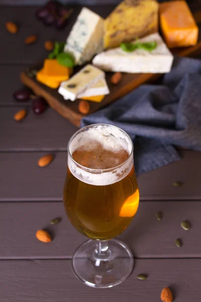 Beer Cheese Glass Beer Cheese Walnuts Ale Food Concept — Stock Photo, Image