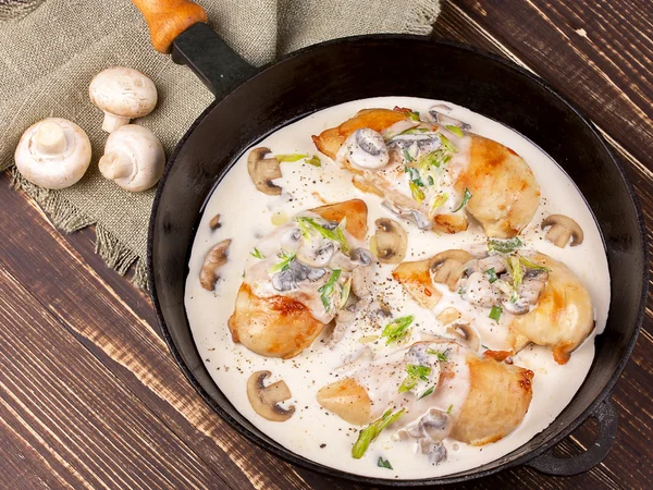 Frying pan with fried chicken breast and mushrooms — Stock Photo, Image