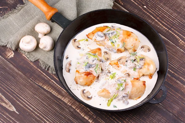 Frying pan with fried chicken breast and mushrooms — Stock Photo, Image