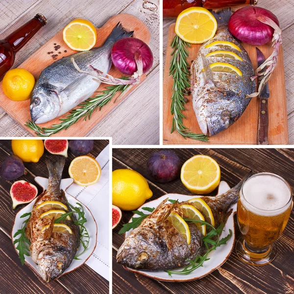 Dorado di pesce servito con limone e fichi. Un bicchiere di birra. Collage alimentare — Foto Stock