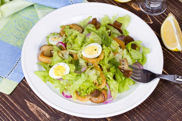 Verse salade met champignons, inktvis en kwartel eieren — Stockfoto