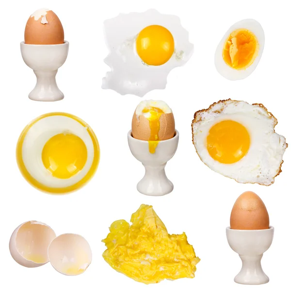 Insamling av ägg isolerad på vit bakgrund. Stekt, kokt, bruten, äggröra, omelett — Stockfoto