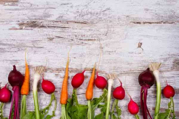 Zelenina na starý bílý stůl: baby mrkev, česnek, červená řepa, ředkvičky. Pohled shora, studio zastřelil — Stock fotografie
