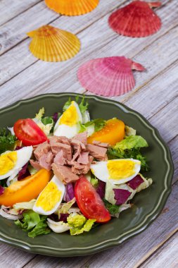 Ton balığı salatası. Yukarıdan görüntüleyin. En iyi stüdyo vurdu