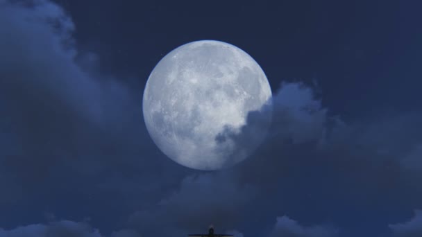 Avión despegando por la noche con un fondo de luna llena — Vídeos de Stock