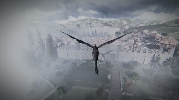 Mythological dragon flying over a medieval village — Stock video