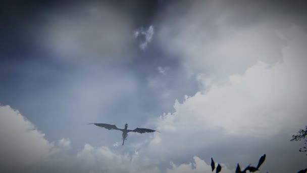 Mythological dragon flying over a medieval village — 图库视频影像