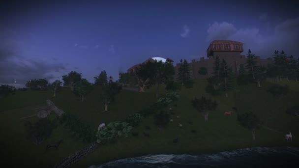 Village médiéval fortifié la nuit — Video