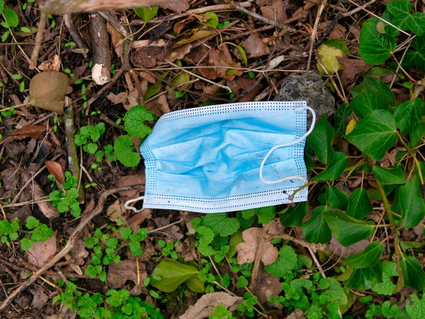 Used Blue Surgical Mask Used Covid Ppe Protection Discarded Litter — Stock Photo, Image