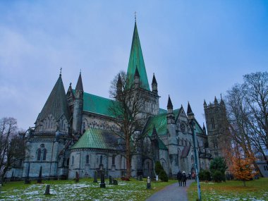 Trondheim, Norveç - 16 Kasım 2025: Nidaros Katedrali Norveç 'in Trondheim kentindeki soğuk bir parkın üzerinde dramatik bir bakır kulesi ve soğuk mavi gökyüzü altında sonbahar sonu ağaçlarıyla yükseliyor.