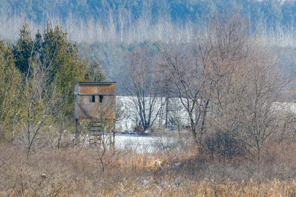 Homemade elevated hunting blind during winter with snow. Selective focus, background blur and foreground blur.