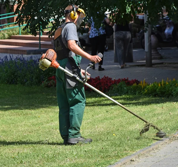 O homem está a cortar a relva — Fotografia de Stock