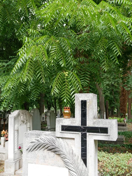 Kreuz Auf Dem Grabstein Auf Dem Öffentlichen Friedhof — Stockfoto