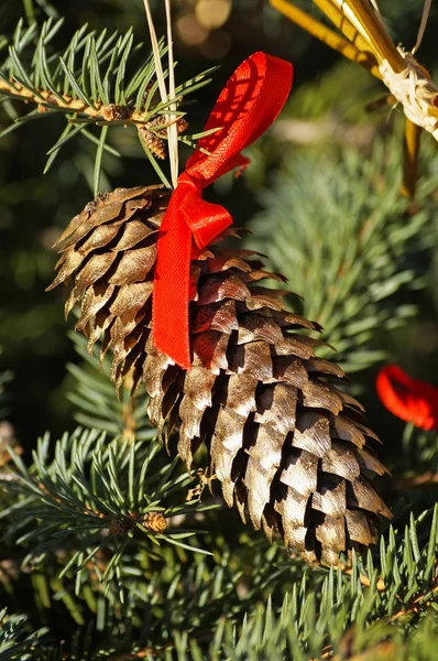 クリスマス飾りの松ぼっくり、リボン — ストック写真