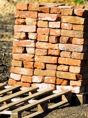 Palet üzerinde tuğla yapı malzemeleri