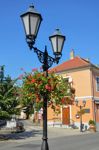 Luz de rua e edifícios na rua da cidade de Tokaj, Hungria — Fotografia de Stock