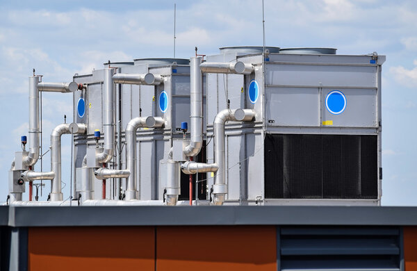 Large industrial air conditioners on the top of a building