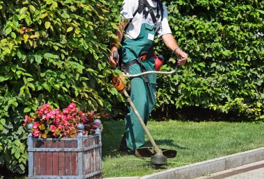 Adam parkta çim biçme