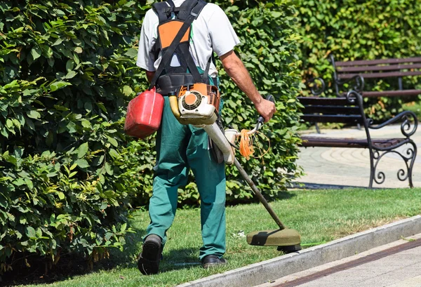 Man klipper gräset i parken — Stockfoto