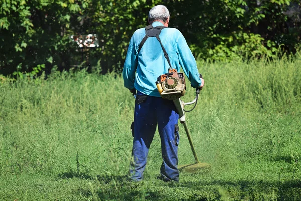 El hombre está cortando la hierba — Foto de Stock