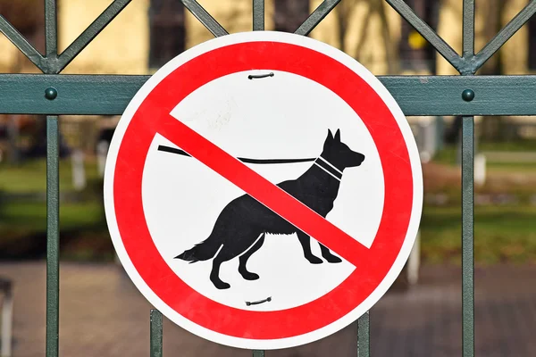 Inga hundar tillåtna tecken på metall staket av parken — Stockfoto