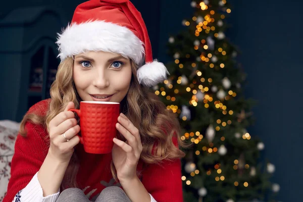 Kırmızı Kazaklı Noel Baba Şapkalı Muhteşem Sarışın Kadının Portresi Noel — Stok fotoğraf