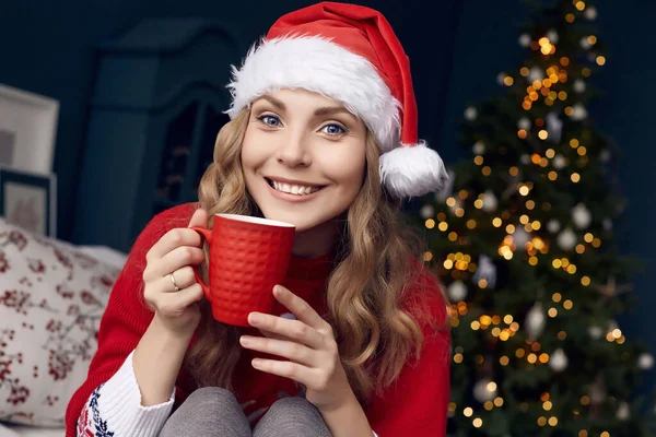 Porträt Einer Hinreißenden Blonden Frau Rotem Pullover Und Weihnachtsmütze Mit — Stockfoto