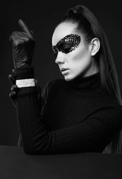 Portrait Charming Elegant Brunette Woman Turtleneck Sweater Sequins Mask Posing — Stock Photo, Image