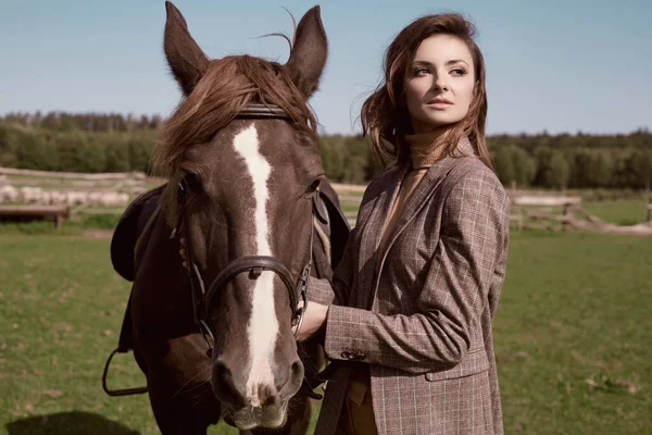 Portrait Gorgeous Brunette Woman Elegant Checkered Brown Jacket Posing Horse Stock Image