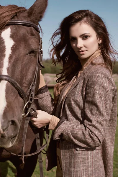 Portrait Gorgeous Brunette Woman Elegant Checkered Brown Jacket Posing Horse Royalty Free Stock Photos