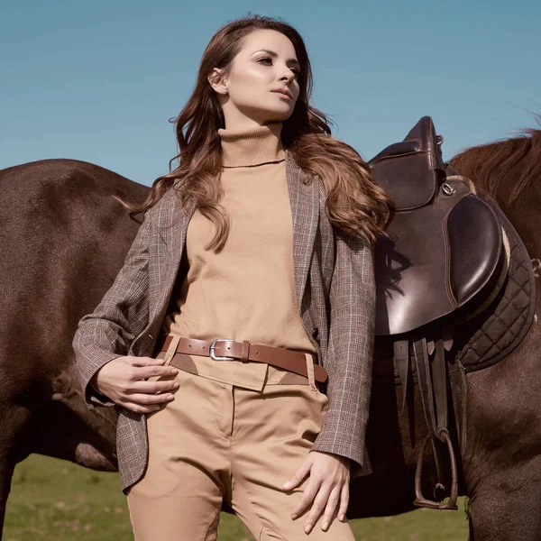 Portrait Gorgeous Brunette Woman Elegant Checkered Brown Jacket Posing Horse Stock Image