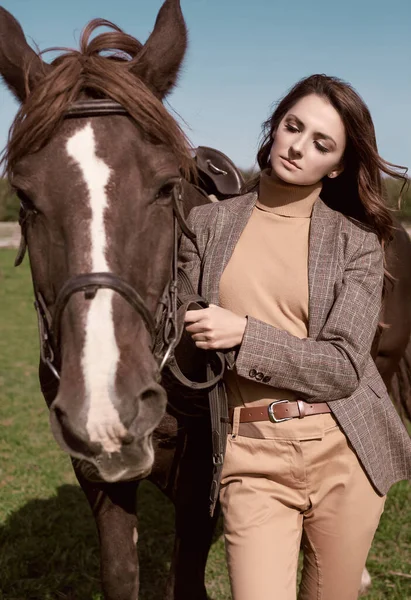 Portrait Gorgeous Brunette Woman Elegant Checkered Brown Jacket Posing Horse Stock Picture