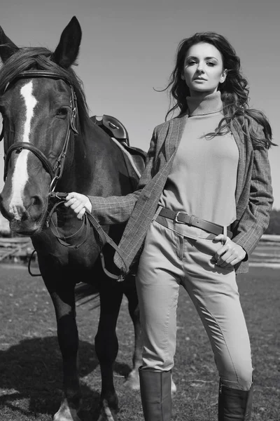 Portrait Gorgeous Brunette Woman Elegant Checkered Brown Jacket Posing Horse Royalty Free Stock Photos