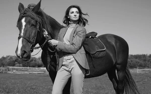 Portrait Gorgeous Brunette Woman Elegant Checkered Brown Jacket Posing Horse Royalty Free Stock Images