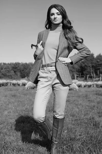 Portrait Gorgeous Brunette Woman Elegant Checkered Brown Jacket Posing Country Stock Photo