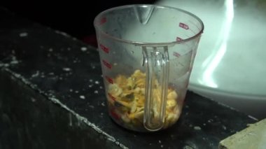  Balıklar için yiyecek. Bardakta midye. Akvaryum ya da okyanus. Balık besliyorum