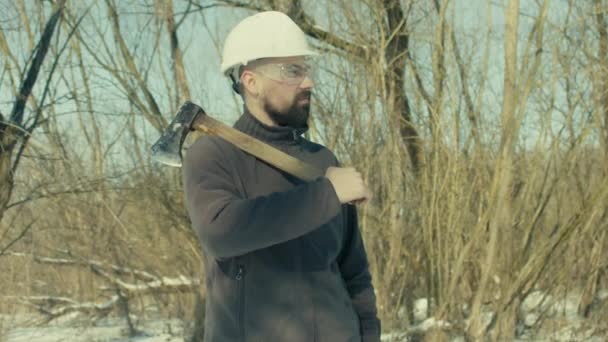 Portrait Caucasian Bearded Lumberjackwitg Smiling Woodcutter Hardhat Glasses Working Forest — Stock Video