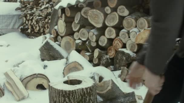 나무꾼은 겨울에 마당에서 나무를 씹습니다 열광적 클로즈업 부드러운 — 비디오