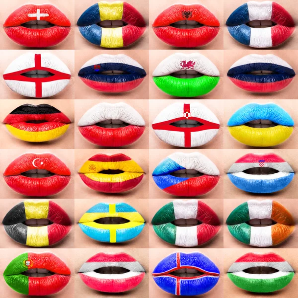 Collectie van vrouwelijke lippen dicht omhoog met een afbeelding van vlaggen Europa — Stockfoto