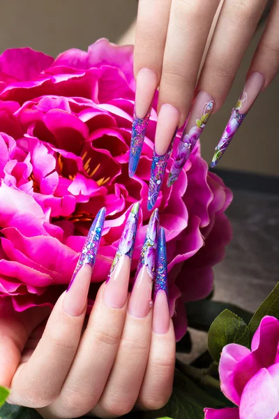 Lange schöne Maniküre mit Blumen an weiblichen Fingern. Nageldesign. Nahaufnahme — Stockfoto