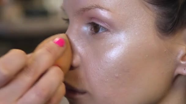 Makeup artist applies cosmetics to face of young woman in beauty salon — Stock Video