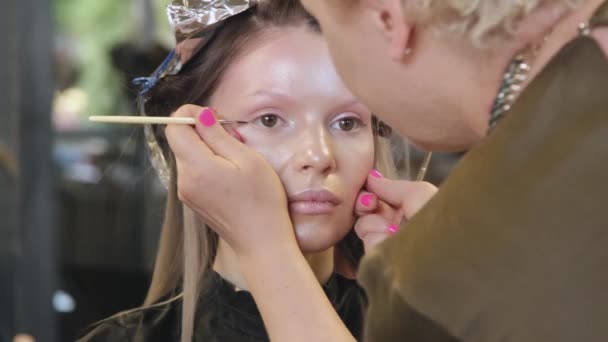 Make-up kunstenaar past cosmetica toe op het gezicht van jonge vrouw in schoonheidssalon — Stockvideo