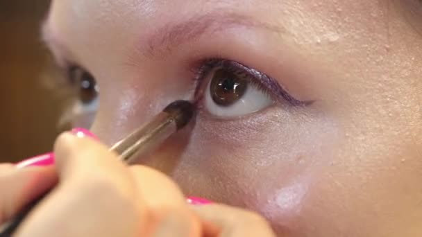 Sminkes alkalmazni kozmetikumok arcát a fiatal nő szépségszalonban — Stock videók